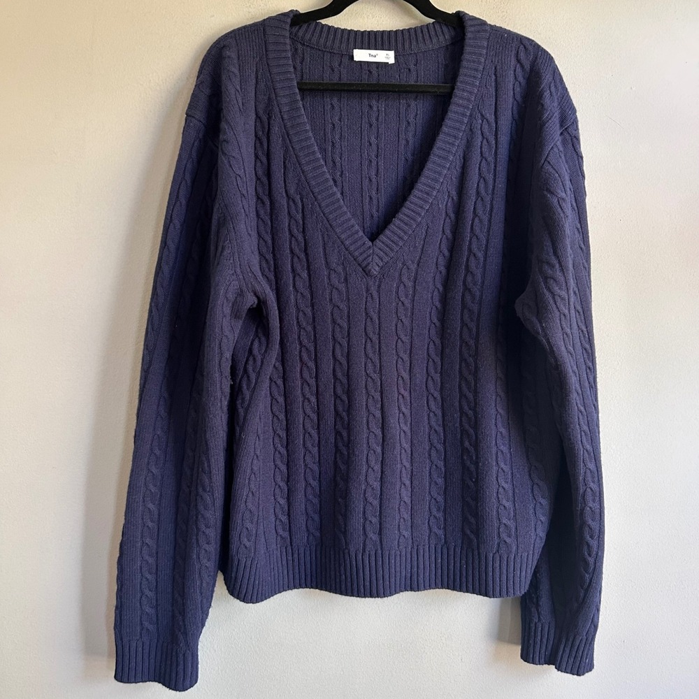 Tna Aritzia Navy Blue Recycled Wool Cashmere Cable Knit V-Neck Sweater XL
